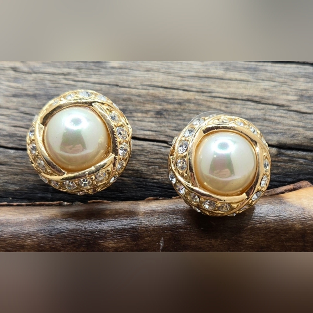 Roman Brand Earrings Faux Pearl Centers Embedded CZs Gold Tone Pierced Studs